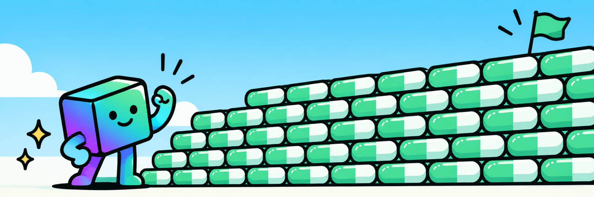 solbuild character beside a wall built from green capsules